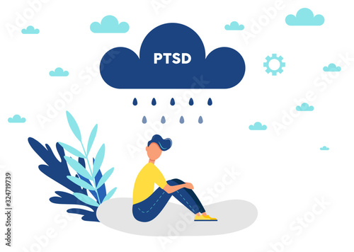 Post traumatic stress disorder. Depressed man crying. .Vector illustration.