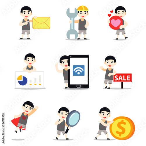 Set character of man wearing tank top with holes during summer day.