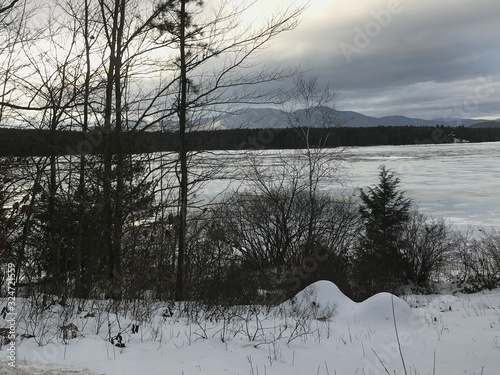 winter mountain landscape with frozen lake and trees