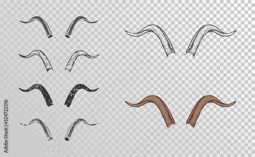 Vector set of hand drawn horns goat with grunge elements in different versions on a transparent background.