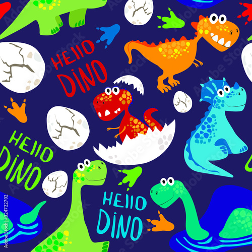 Fototapeta Naklejka Na Ścianę i Meble -  Childish seamless pattern with dinosaurs. Hello Dino - lettering. Funny dinosaurs tyrannosaurus, triceratops, diplodocus.  Illustration for fabric, textile, print for t-shirt, sweatshirt, pajamas.