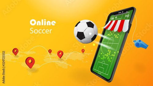 Soccer Online concept with 3D mobile phone and football on yellow background with world map location pin and network path. E-commerce and business logistic shop and store. Vector illustration graphic