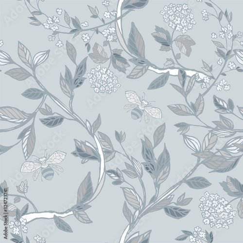 Branches of flowering trees vector illustration. Seamless pattern with bees, twigs, leaves and flowers