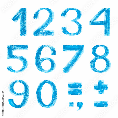 Hand painted blue numbers on white background. Isolated on white background. Blue textured font. Hand-painted stock illustration. Peeling paint texture. Gouache, oil or acrylic technique.