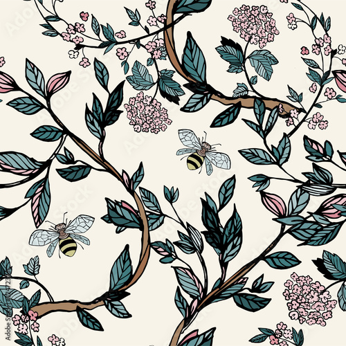 Branches of flowering trees vector illustration. Seamless pattern with bees, twigs, leaves and flowers
