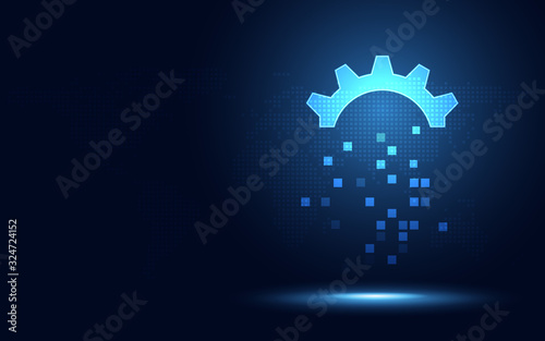 Futuristic blue gear digital transformation abstract technology background. Artificial intelligence and big data concept. Business growth computer and investment industry 4.0. Vector illustration