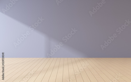 Mock-up of empty room and wood laminate floor with sun light cast the shadow on the wall Perspective of minimal interior design. 3D rendering