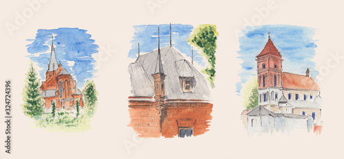 Stock watercolor paintings of old European Churches. Isolated architecture sketch of Eastern European colorful buildings with black ink outline. Concept for Easter souvenirs, postcards and magnets.