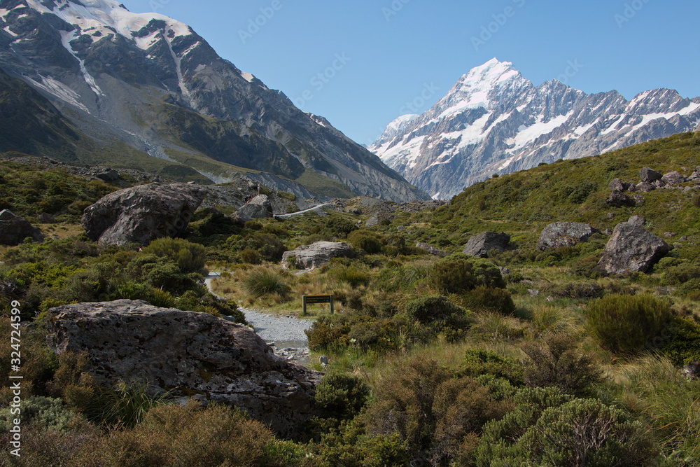 Landscape on Hooker Valley Track in Mount Cook National Park on South Island of New Zealand