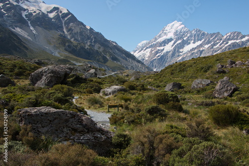 Landscape on Hooker Valley Track in Mount Cook National Park on South Island of New Zealand