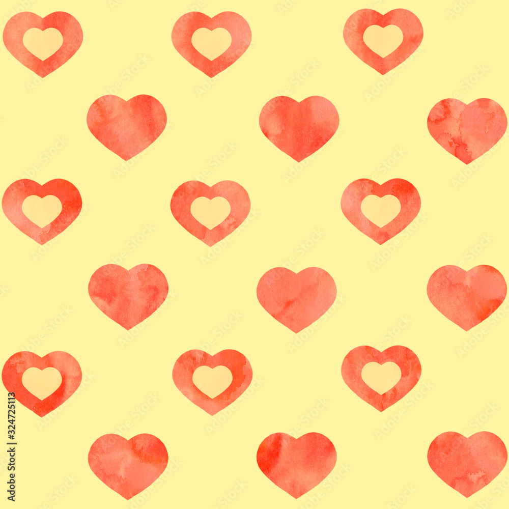 Watercolor red hearts on yellow background. Seamless pattern. Isolated on white. Watercolor illustration. Valentine's Day. Declaration of love. Design for backgrounds, wallpapers, textile, covers.