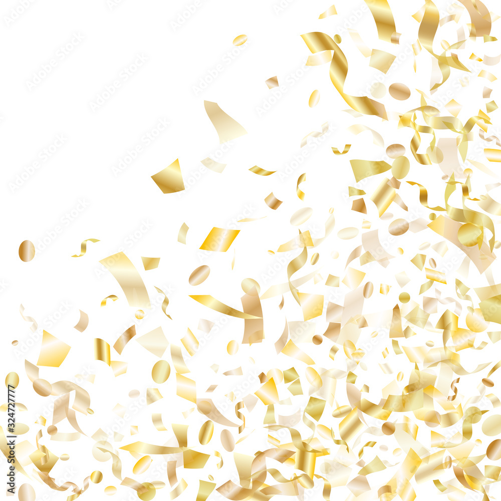 Holiday realistic gold confetti flying on black background. Holiday realistic gold confetti flying on black background.