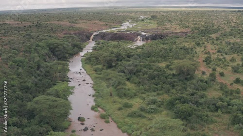 River and savanna landscape in Laikipia, Kenya. Aerial drone view photo