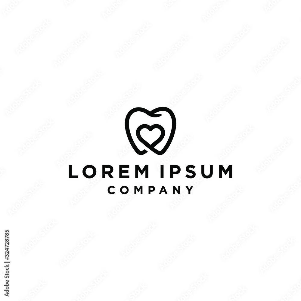 dental care logo with teeth and hearth love icon in trendy modern linear line outline style design illustration