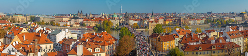 PRAGUE, CZECH REPUBLIC - OCTOBER 13, 2018: The panorama of the city with the Charles bridge and the Old Town in evening light.