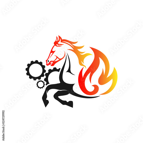 fire horse and gear colorful vector logo illustration