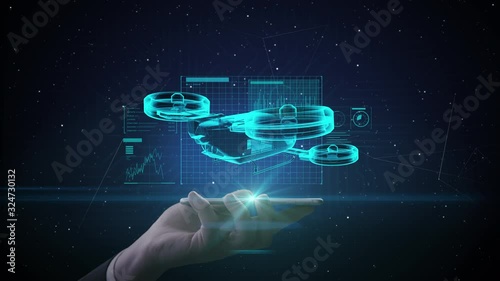 Lifting smartphone, Autonomous drone taxi, x-ray image. Drone plane. 4k animation. photo