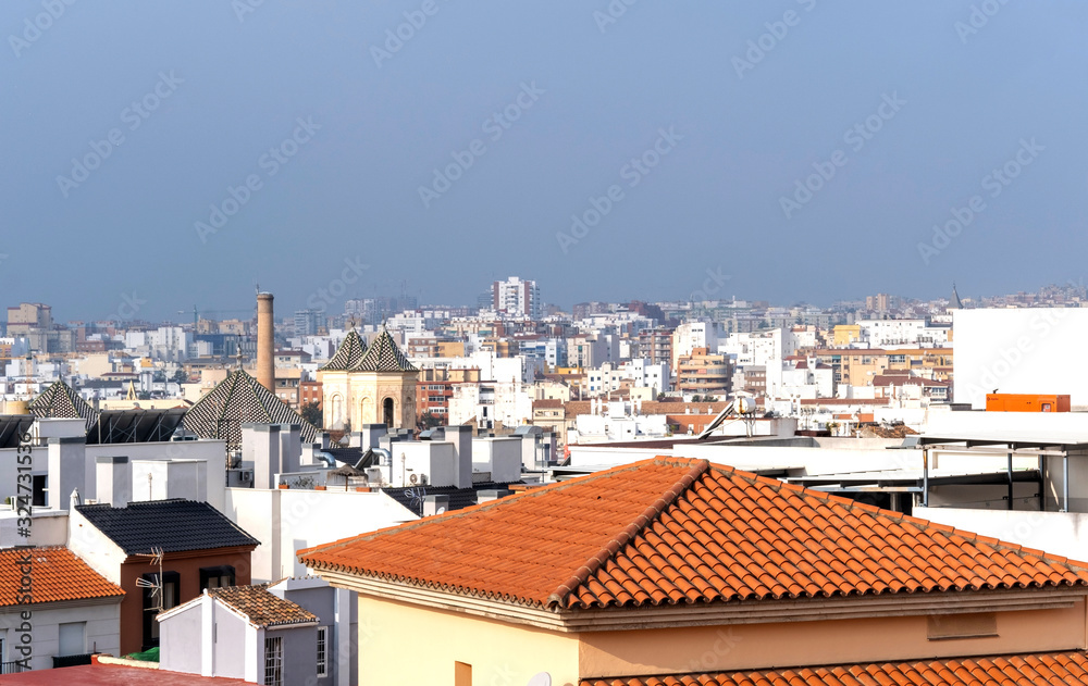 View of popular tourist destination Malaga in the south of Spain along the Mediterranean Sea on Costa del Sol.