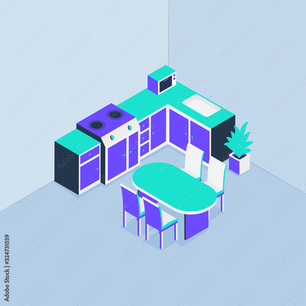 Fototapeta premium kitchen set in home or apartment with dinner table with isometric style