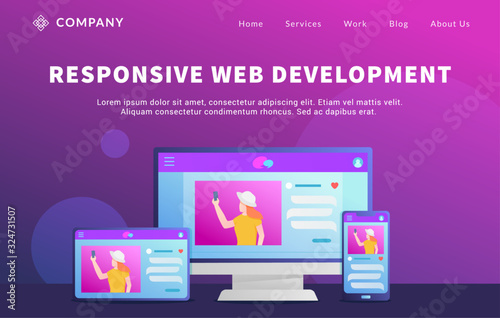 rwd responsive website development concept with various computer desktop screen and tablet smartphone for website template landing homepage