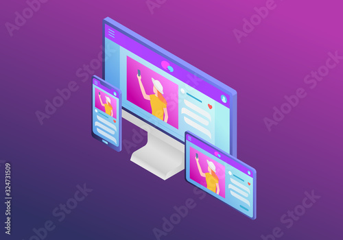 rwd responsive website design development with various screen size and isometric style