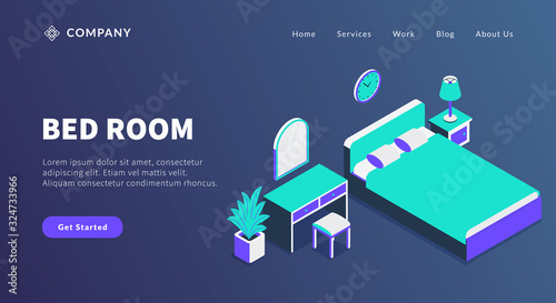 bedroom concept with bed and closet mirror for website template or landing homepage