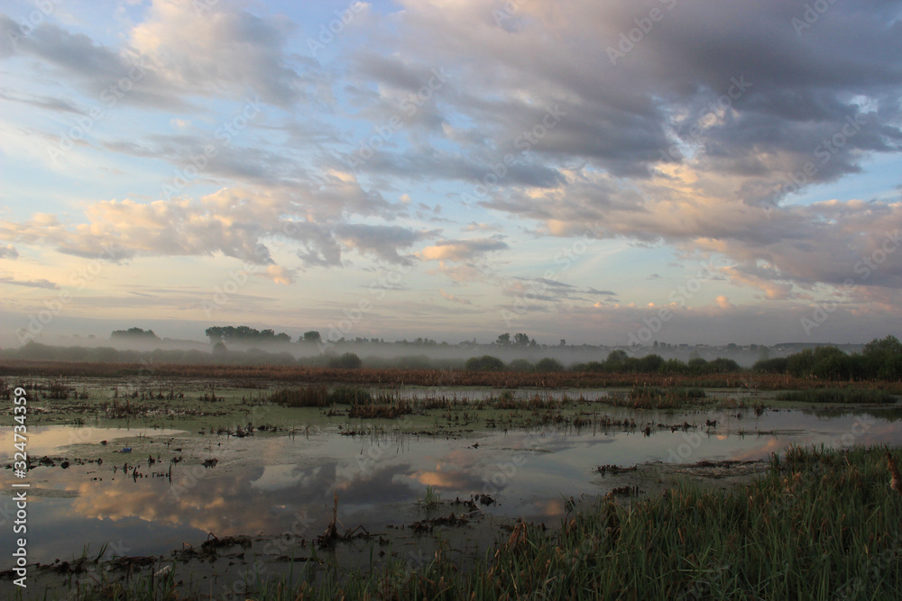 A swampy area near the village, half-submerged by spring waters in a haze of fog and in the rays of the rising sun.
