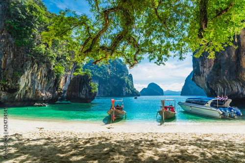 Beautiful nature scenic landscape Koh Lao Lading island beach with boats for traveler, Famous place tourist travel Krabi Phuket Thailand summer holiday vacation trips, Tourism destination scenery Asia photo