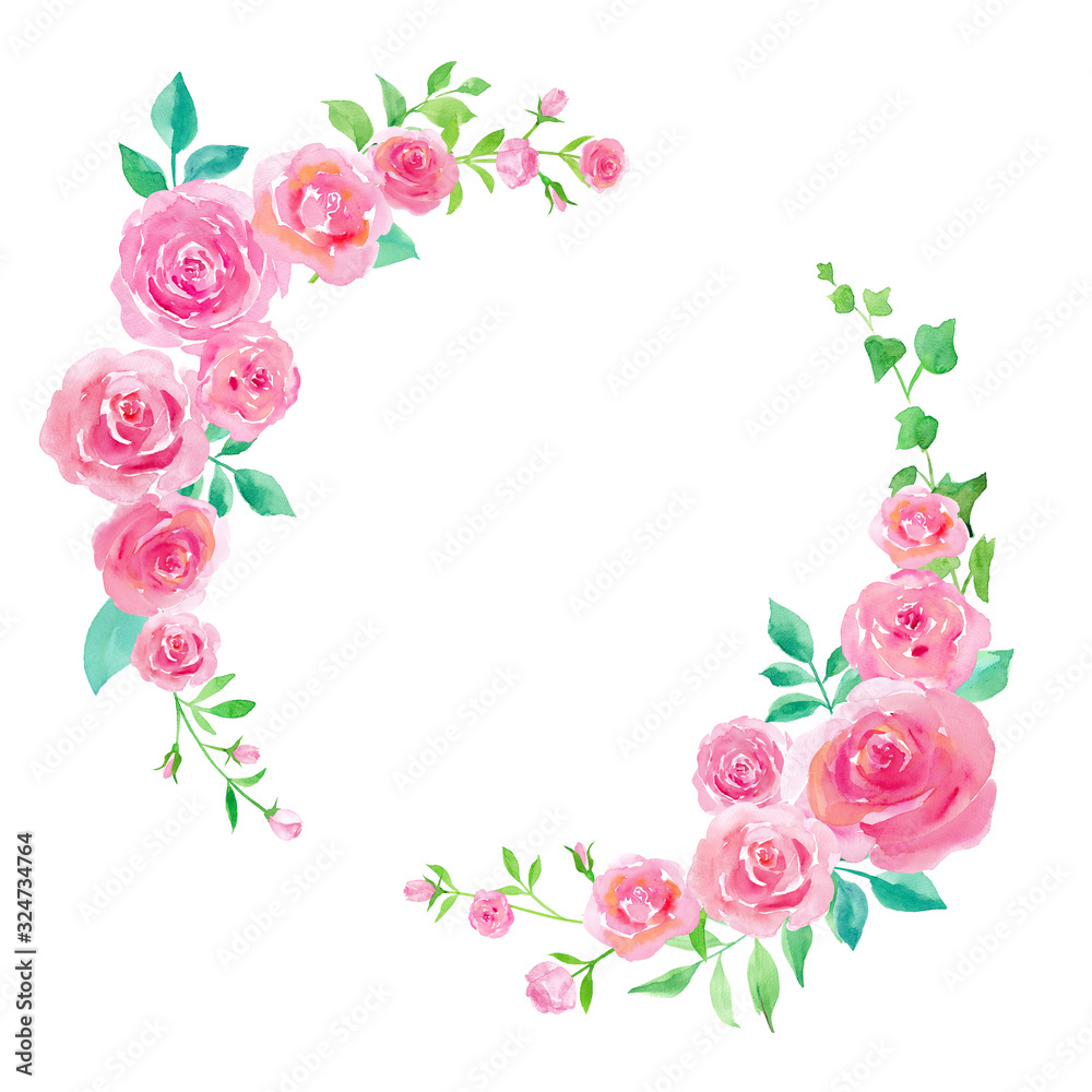 バラとグリーンの丸いフレームデザイン 水彩イラスト Stock Illustration Adobe Stock