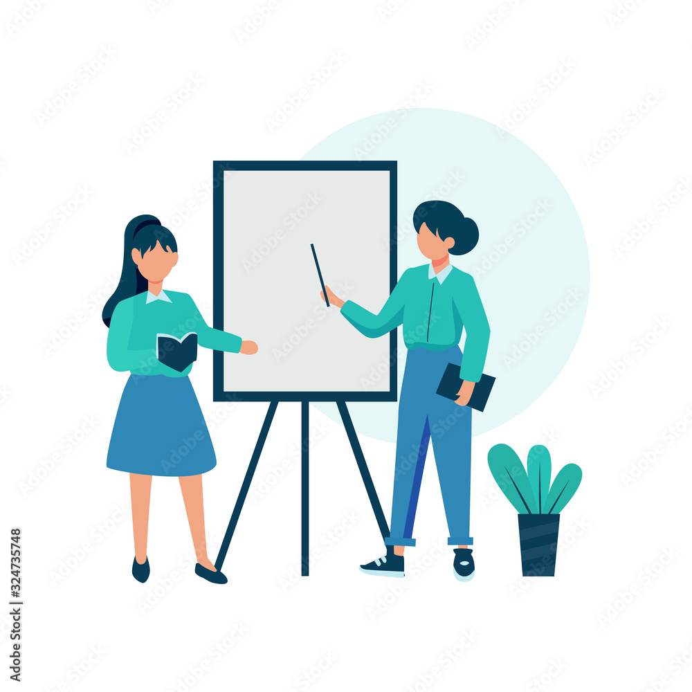 Private tutors teach in front of students explaining material and discussing vector illustration Private tutors teach in front of students explaining material and discussing vector illustration