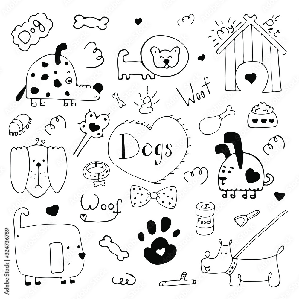 Hand drawn doodle set of dogs symbols or elements for design. Vector ...