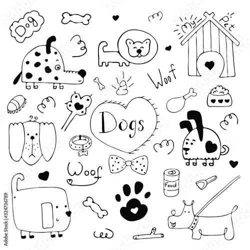 Hand drawn doodle set of dogs symbols or elements for design. Vector illustration cute and simple. Black on white background.