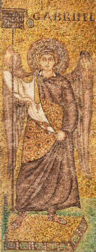 RAVENNA, ITALY - JANUARY 29, 2020: The mosaic of archangel Gabriel in the church Basilica of Sant Apolinare in Classe from the 6. cent.