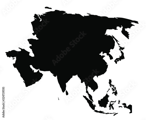 Asia Continenet Map Vector Black Silhouette Isolated on White