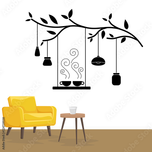 coffee and cafe wall decoration concept. cup and coffee wall decoration sticker design vector