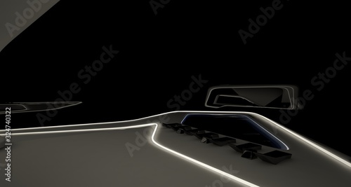 Abstract architectural black and white interior of a modern villa with neon lighting. 3D illustration and rendering.