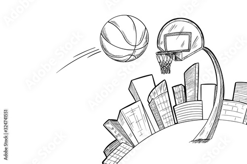 Streetball urban playground, ball is flying to the basket