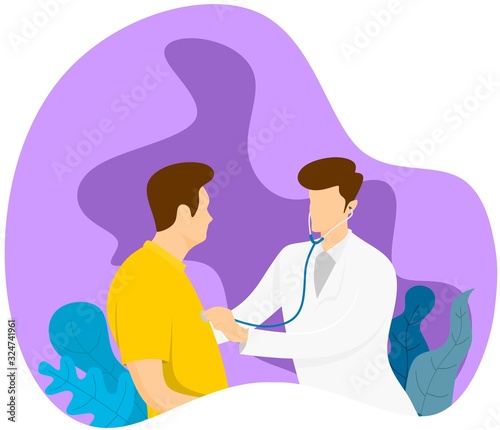 Doctor checking a male patient floral decoration. vector illustration