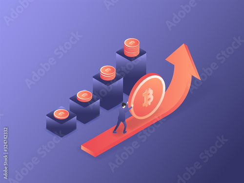Successful businessman investing the bitcoin with increasing the rate. 3D isometric vector illustration.