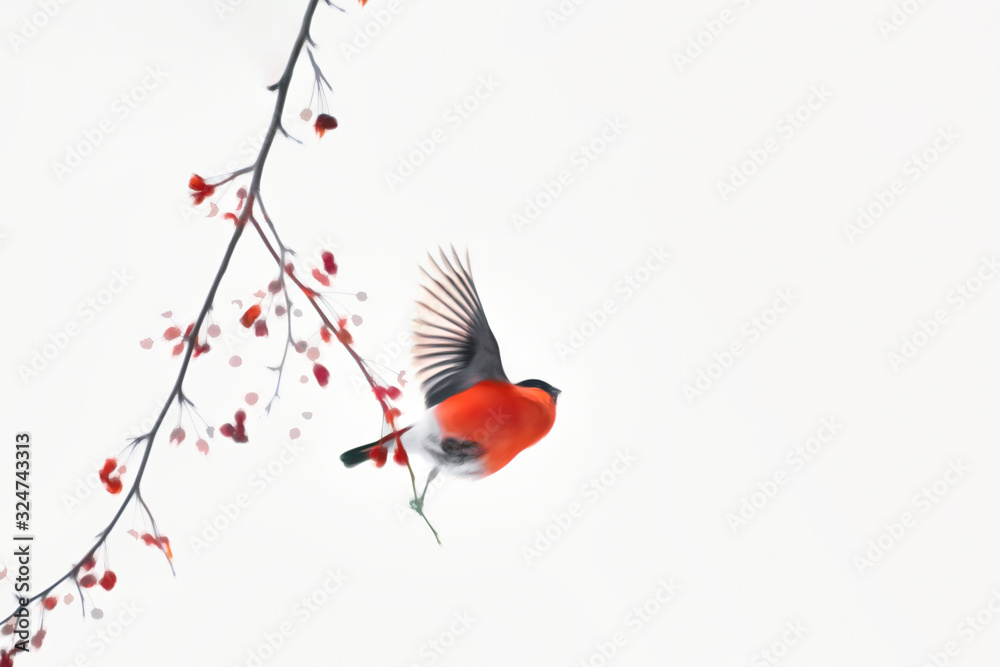 illustration of a red bullfinch taking off from a branch in the corner of the frame