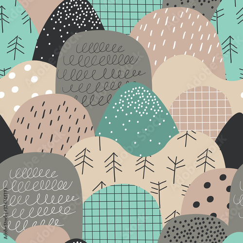 Cute seamless pattern with hills and mountains. Nordic nature landscape concept. Perfect for kids fabric, textile, nursery wallpaper.