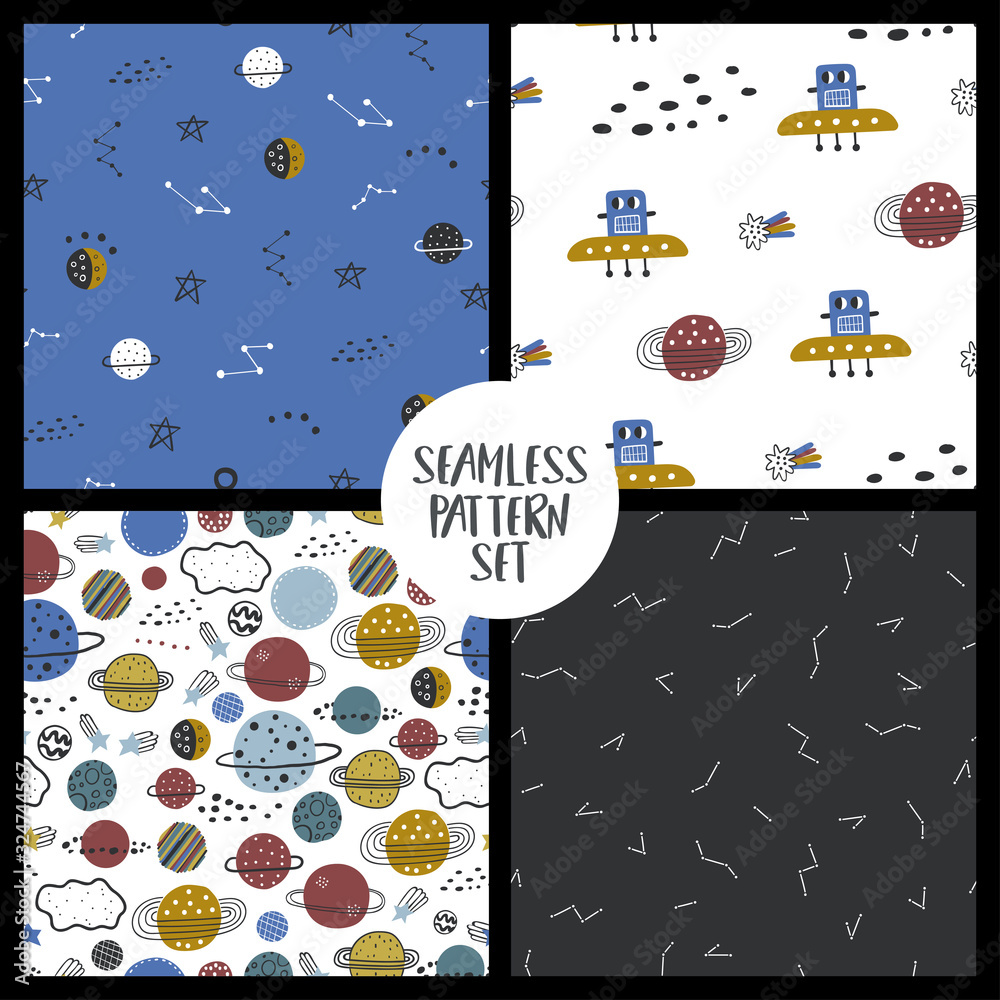 Seamless patterns with stars, planets and hand drawn space elements ...