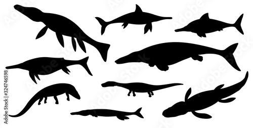 Sea dinosaur black silhouettes of vector jurassic animals or monsters. Prehistoric marine dinosaurs and rwptiles, ichthyosaurus, liopleurodon, kronosaurus and plesiosaur, tylosaurus and sauropterygia