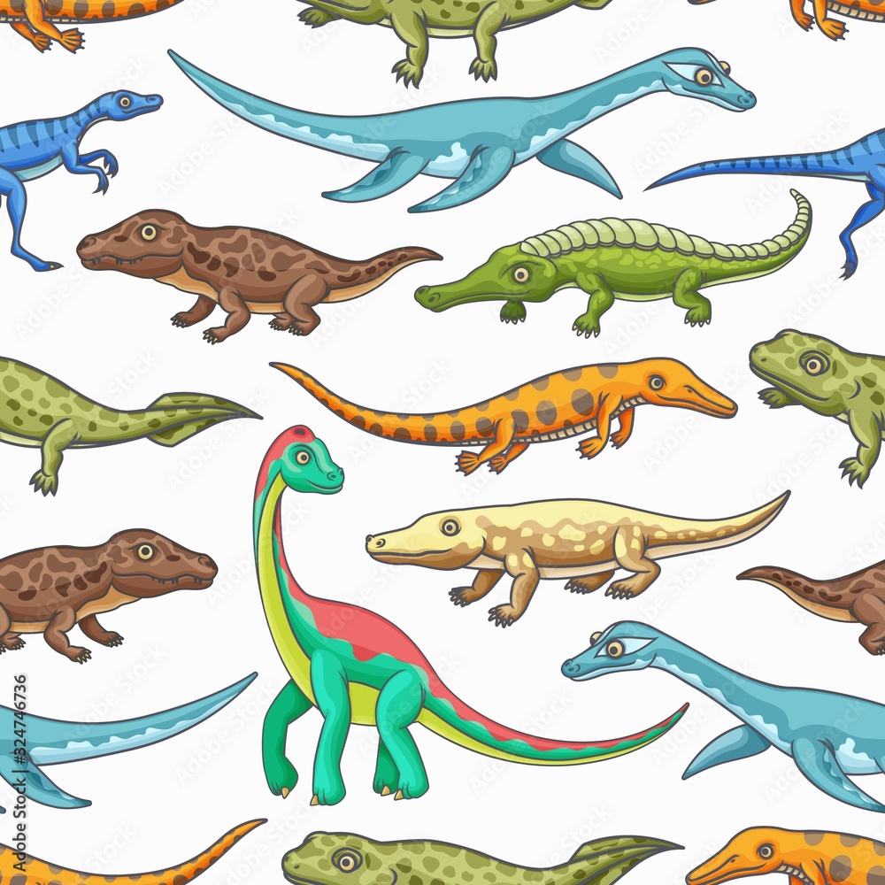 Dinosaurs seamless pattern of cartoon jurassic animals vector background. Prehistoric dino monsters and reptiles backdrop with brachiosaurus, mesosaurus and brontosaurus, eoraptor and pliosaurs Dinosaurs seamless pattern of cartoon jurassic animals vector background. Prehistoric dino monsters and reptiles backdrop with brachiosaurus, mesosaurus and brontosaurus, eoraptor and pliosaurs