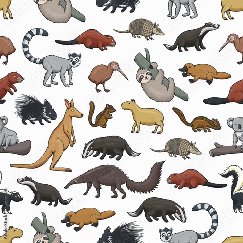 Wild animals vector seamless pattern of zoo or hunting mammals and bird. Animal background of kangaroo  platypus  kiwi and koala bear on branch  badger  beaver  lemur and porcupine  capybara  skunk