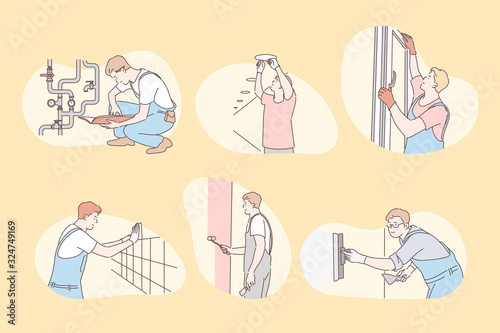 Set of installers, repair, builder concept. Collection of isolated handymen installers builders in uniform and special tools repairing flat or apartment. Interior installation. Simple flat vector