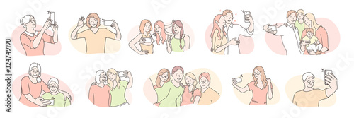 Young and elder people, selfie set concept. Different people, bloggers, family and couples in love, friends and oldster with crone are taking selfie online in cartoon style. Social media communication