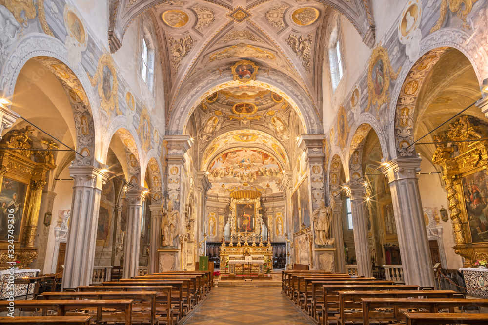 FERRARA, ITALY - JANUARY 30, 2020: The nave of church Basilica di San Giorgio fuori le mura by Francesco Ferrari 18. cent.