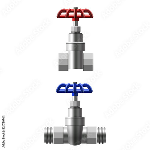 Set valves ball, fittings, pipes of metal piping system. Different types valves water, oil, gas pipeline, pipes sewage