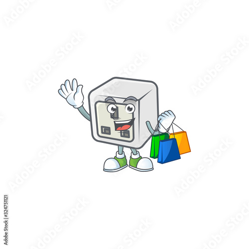 A rich USB power socket cartoon design waving and holding Shopping bag